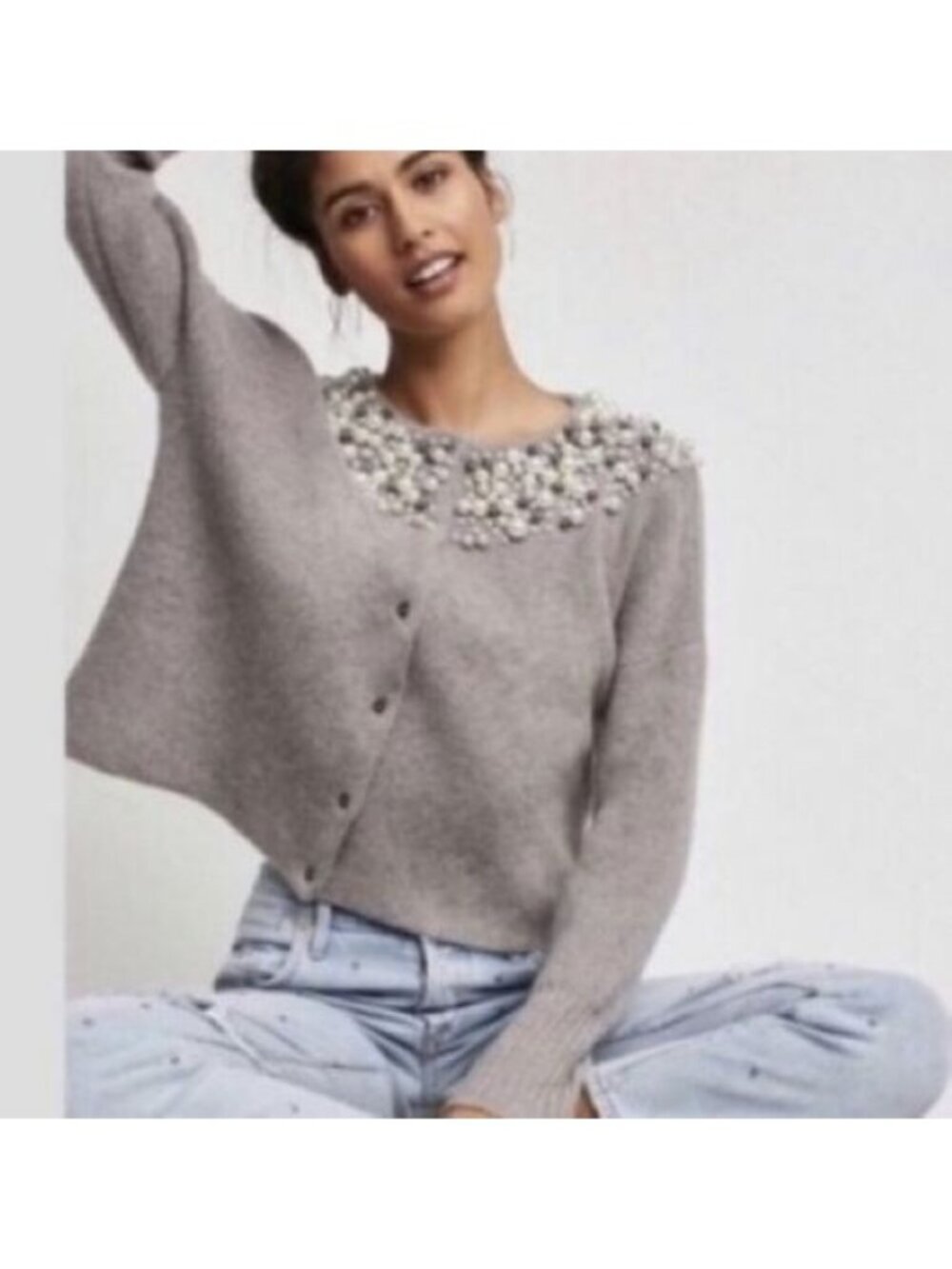 EUC Anthropologie Moth wool alpaca Boxy Fit Knit Pearl Cardigan Sweater Taupe S